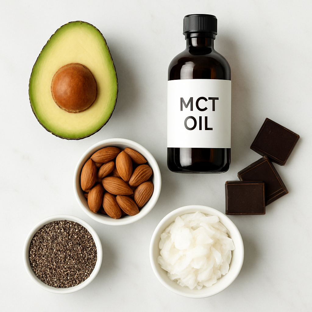 Fresh keto ingredients including avocado, MCT oil, almonds and dark chocolate