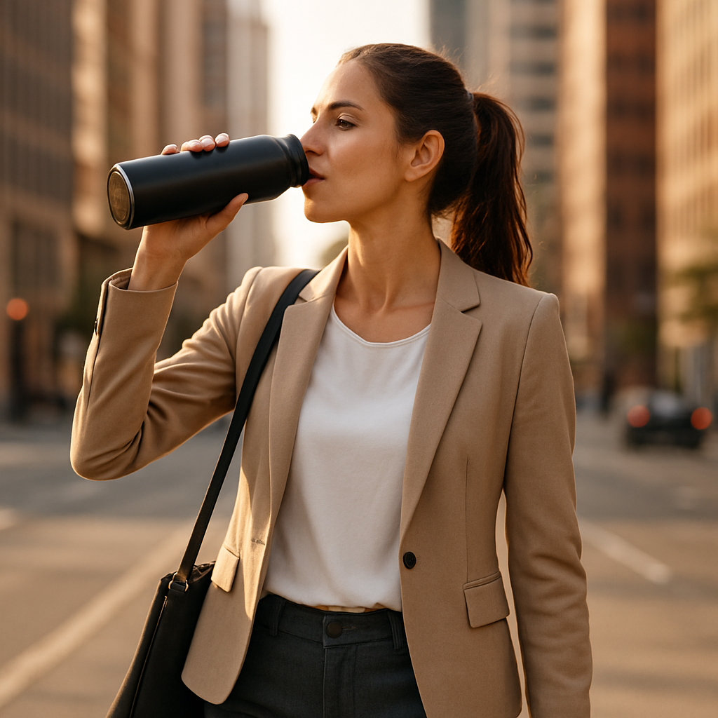 Active woman enjoying a keto shake during her morning commute